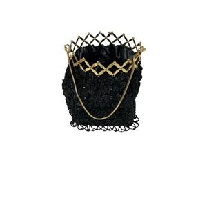 Vintage Flapper Gold Accordion ClosureBlack Beaded Purse, Beaded Fringe, 1920's?